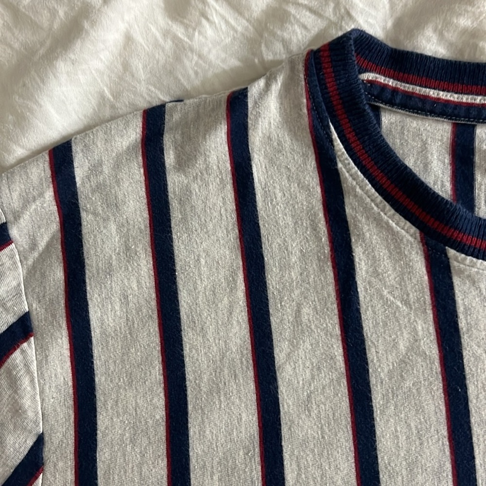 Men's Grey, Blue/ Red Striped Short Sleeve T-Shirt - Picture 2 of 4
